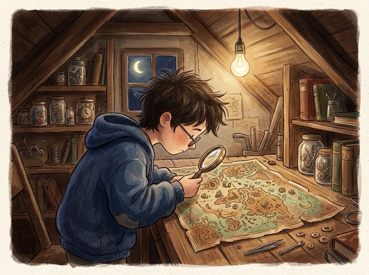 A child in a navy hoodie studies an old map with a magnifying glass in a warm attic workshop filled with jars of clock parts.