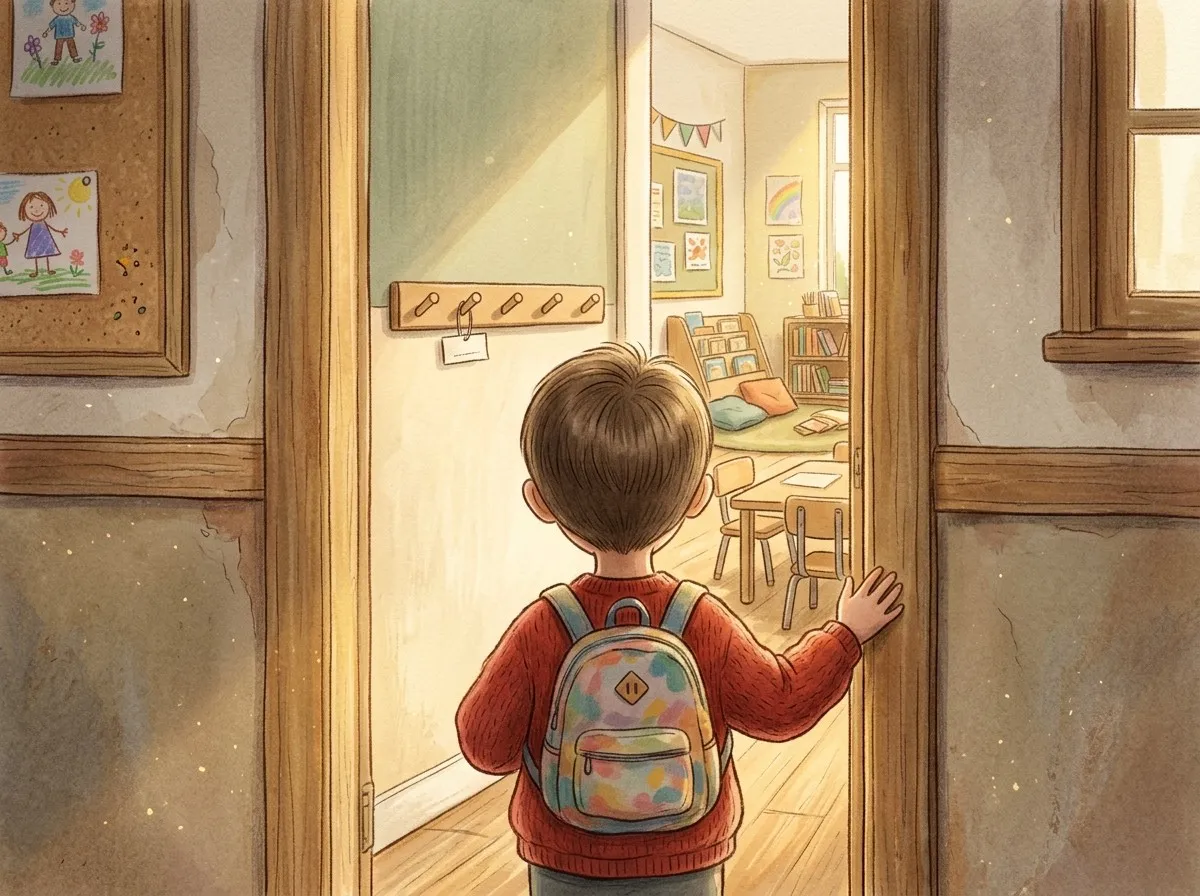 A young child in a red school jumper, seen from behind, stands at the doorway of a sunlit classroom with coat pegs and a story mat waiting inside.