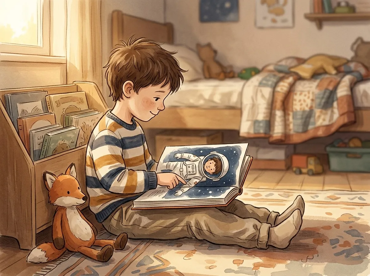 A five-year-old boy sits on a bedroom floor at golden hour, tracing his finger over an illustrated book page that shows a hand-drawn astronaut version of himself.