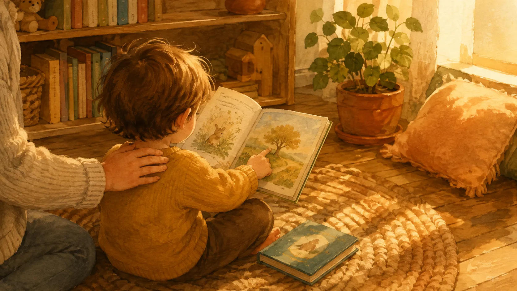 A child sits on a rug in a sunlit corner, holding an open personalised storybook while an adult’s hand rests on their shoulder.