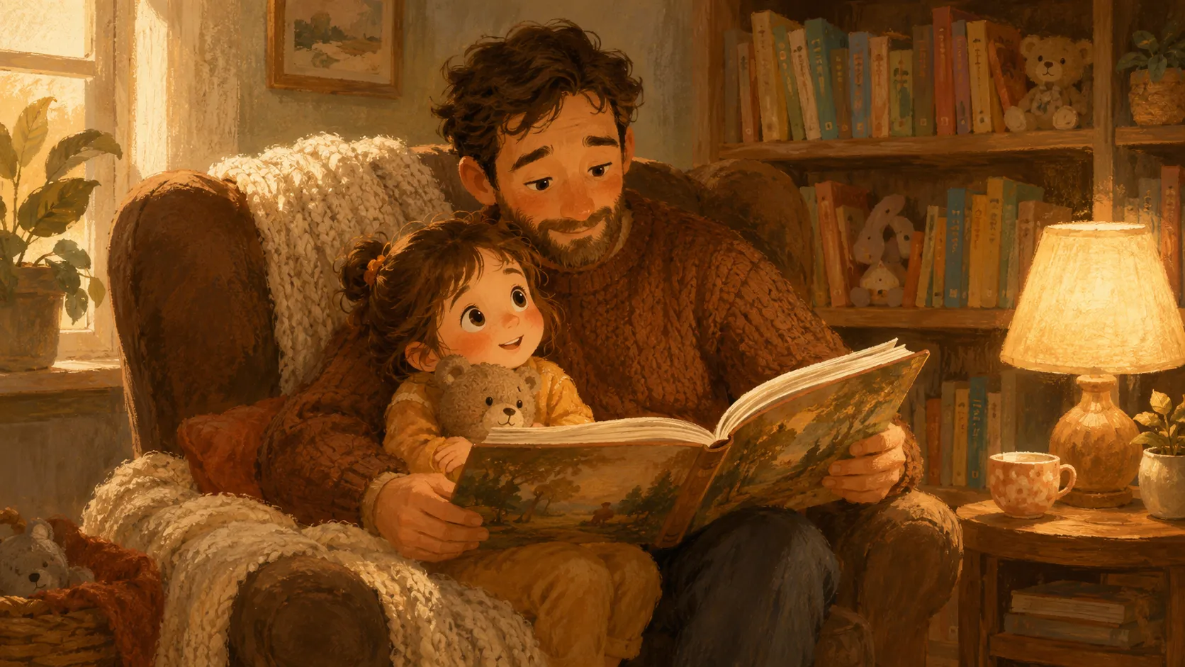 A parent reads a book to a young child on a cozy armchair in warm lamplight.