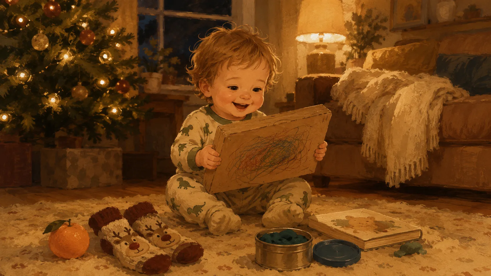 A toddler in dinosaur pyjamas sits on a rug, holding a decorated shoebox lid, surrounded by a clementine, socks, a book, and playdough, with a glowing Christmas tree in the background.